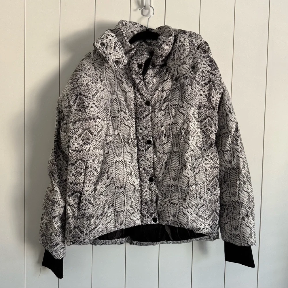 Varley x Anthropologie Highland Snake Print Hooded Puffer Jacket